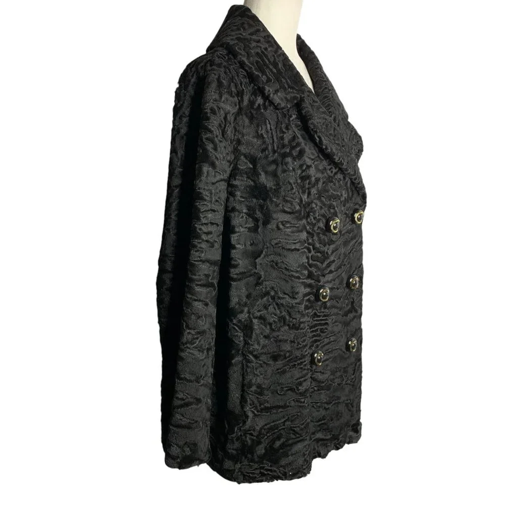 Vintage 60s Pelz Zeller Curly Lamb Wool Fur Coat L Black Hook Closure Pockets - Picture 5 of 6